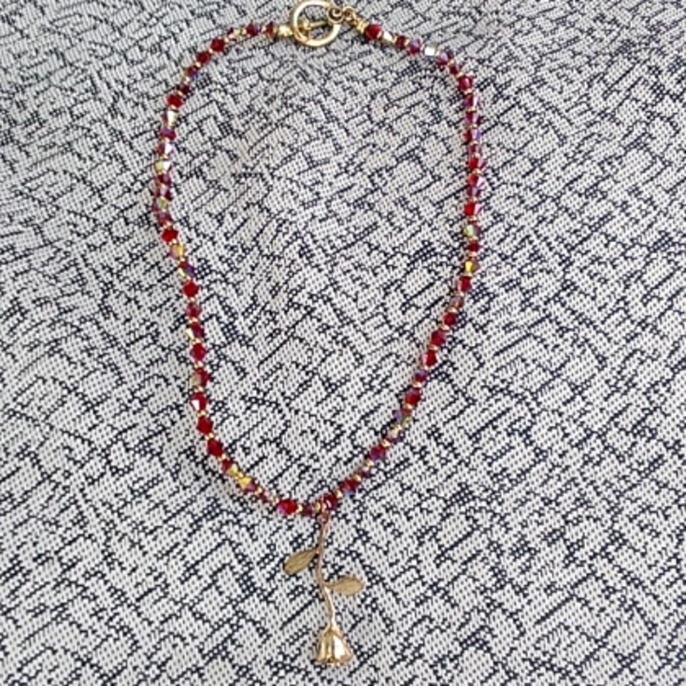 Red and Gold Glass beads with Gold plated Rose Necklace